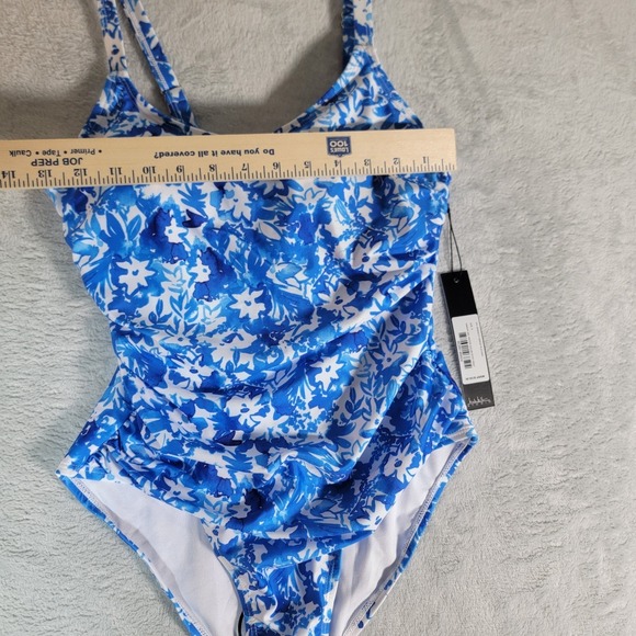 NICOLE MILLER Swimsuit Flattering‎ Ruched Tropical blue floral botanical Small - Picture 6 of 14